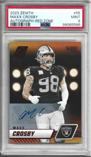 2023 Panini Zenith Maxx Crosby Red Zone Autograph PSA 9 front